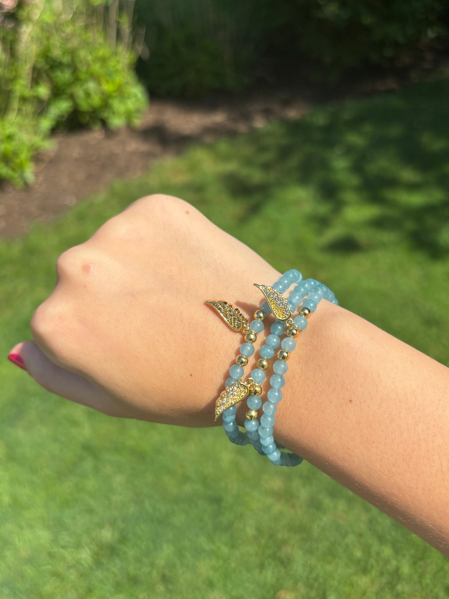 Winged Natural Blue Quartz Beaded Bracelet